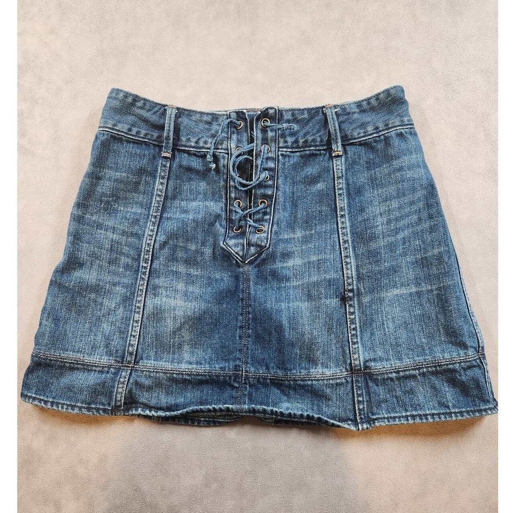 Abercrombie & Fitch Denim Mini Skirt Womens Size 6 Blue Lace Up Front Distressed